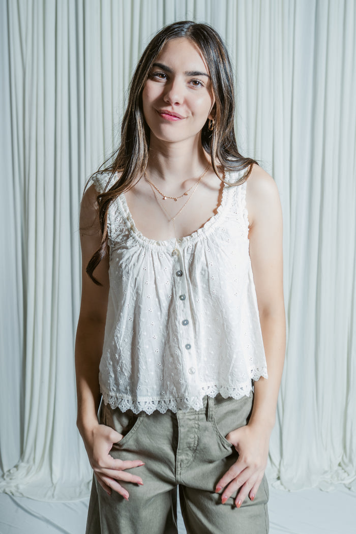 Leticia Eyelet Button Front Cropped Tank Top