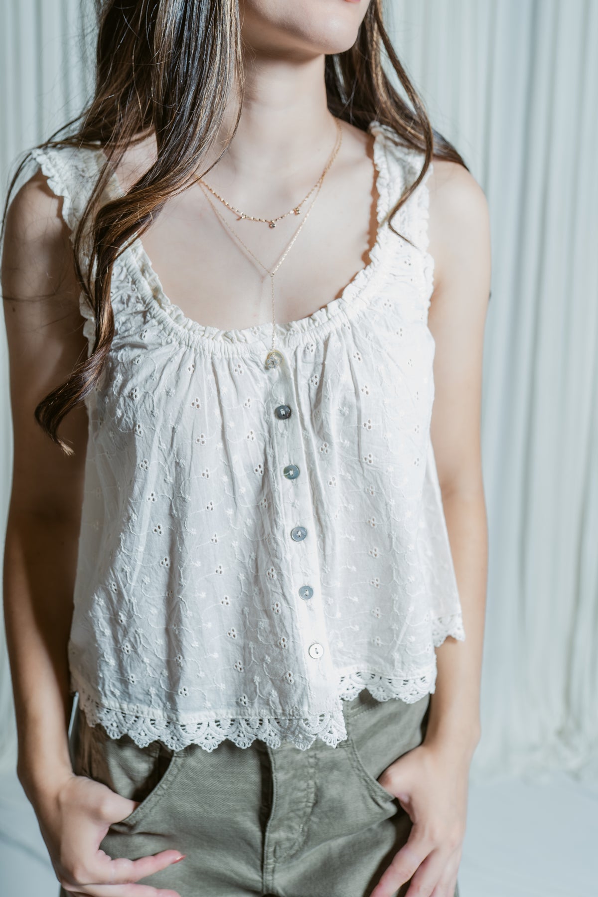 Leticia Eyelet Button Front Cropped Tank Top