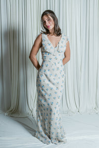 Cerulean Blossom V-Neck Dress