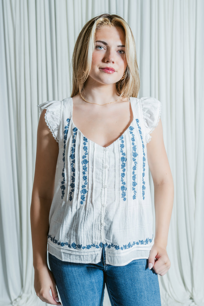 Sophie in Santorini Ruffle Sleeve Button Down Top