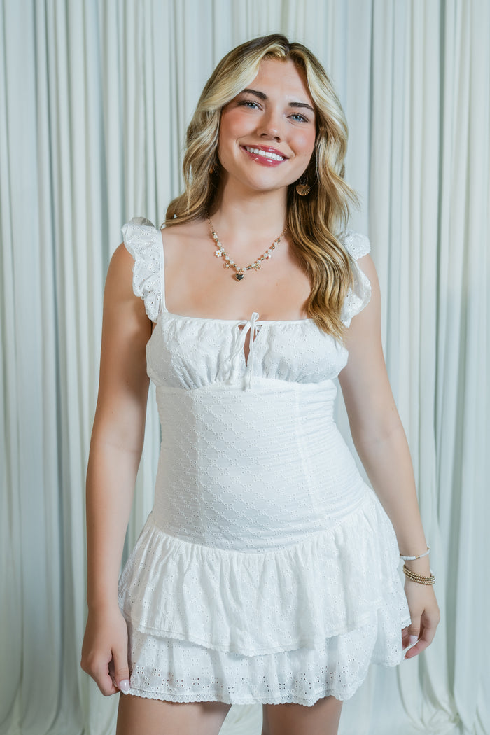 Peony Puff Eyelet Tie Mini Dress