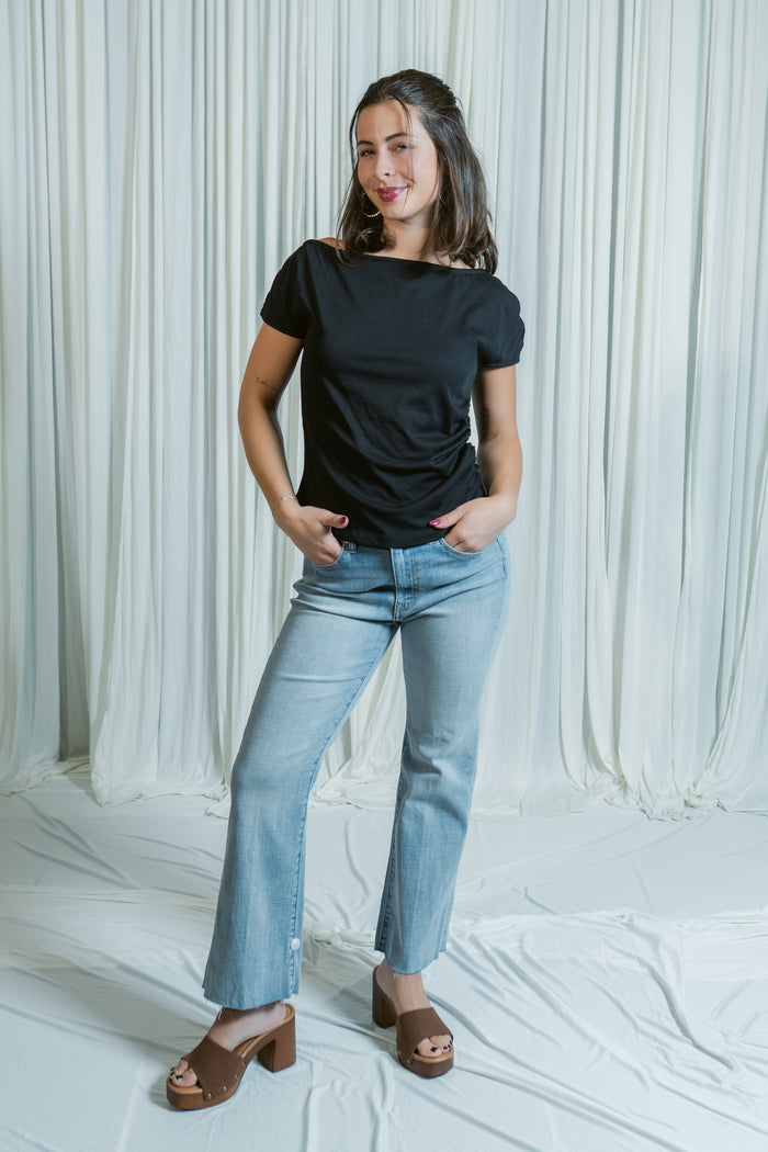 Hannah Mid Rise Crop Flare Denim W/ Cut Hem