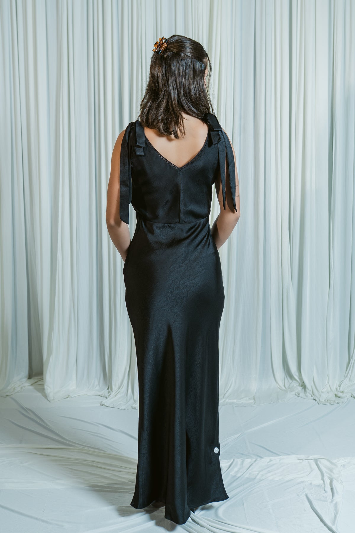 Emmie Shoulder Tie Satin Maxi Dress