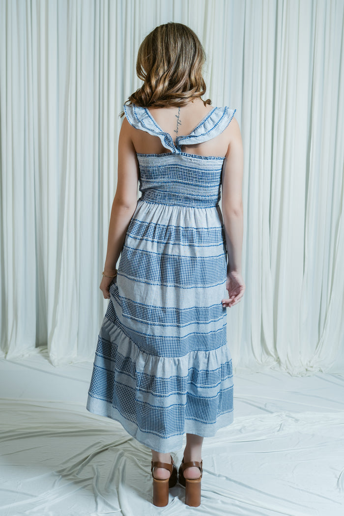 Smocked Posy Patch Ruffle Midi Dress