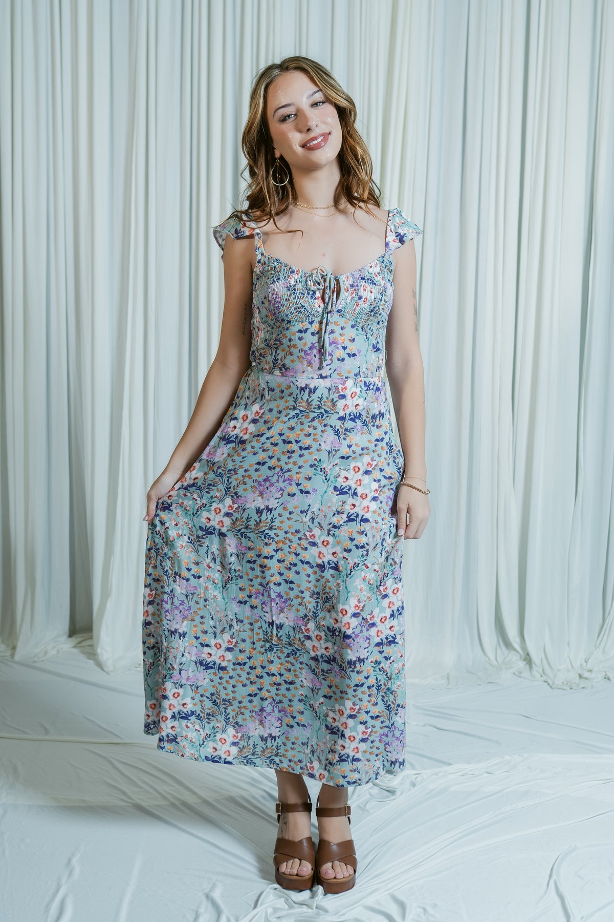 Wildflower Waltz Smocked Tie Midi Dress