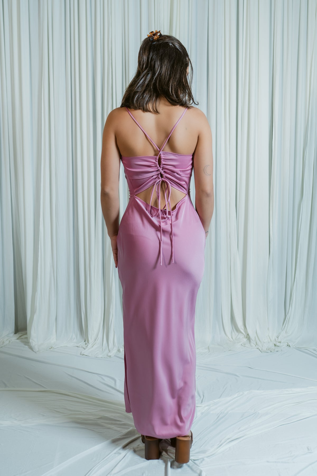 Midnight Shadow Open Back Midi Dress With Slit
