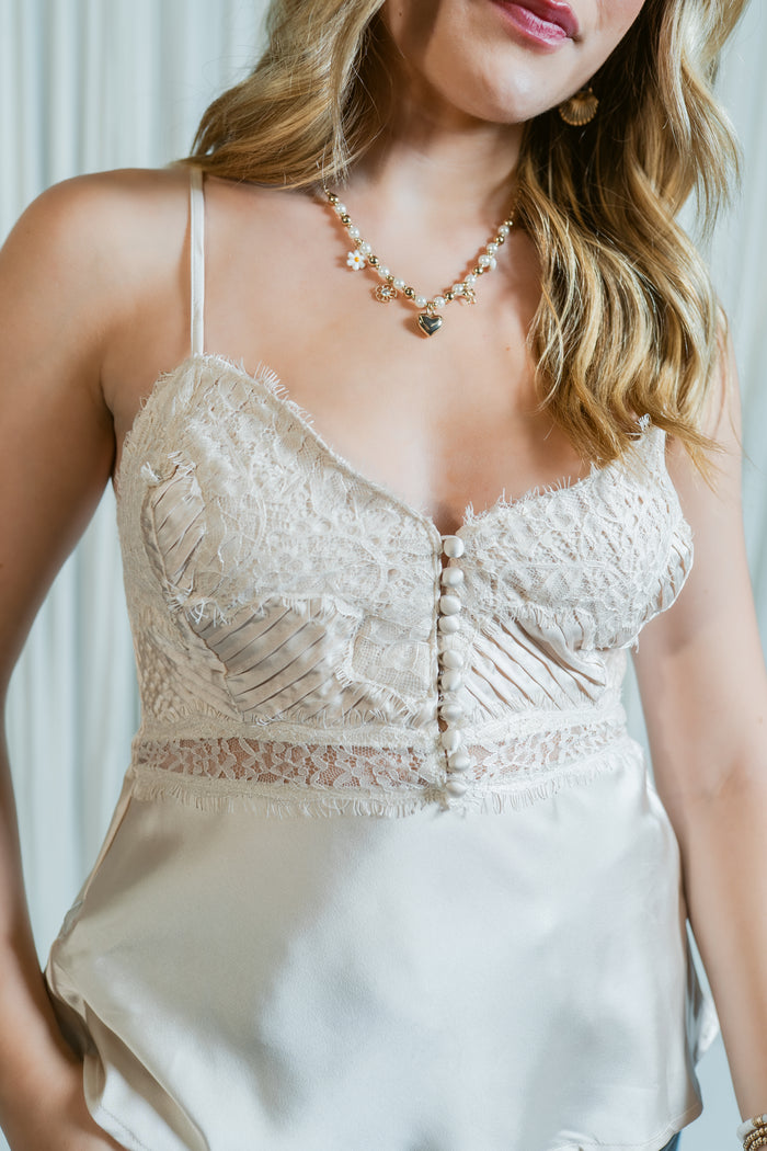 Joelle Lace Trim Pleated Tank Top W/ Buttons