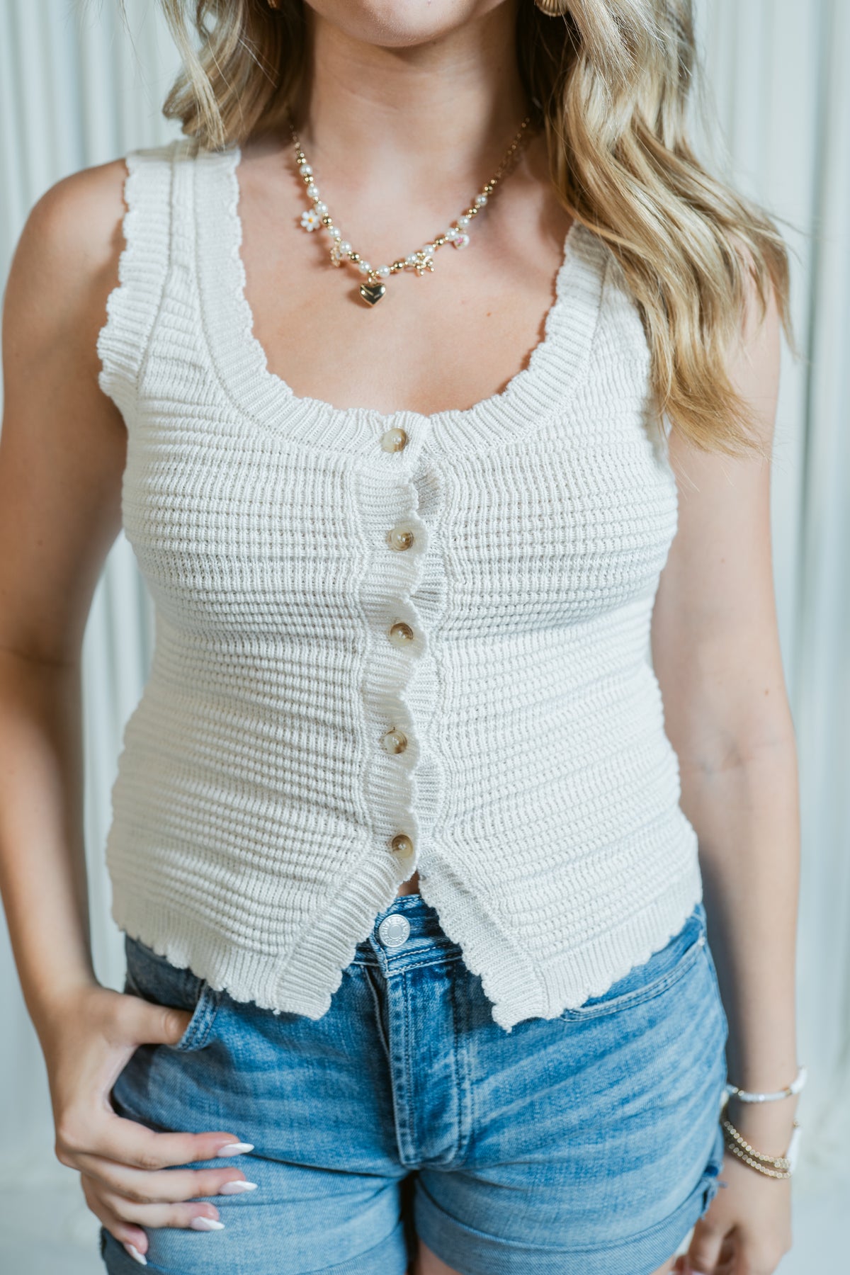 Crochet Knit Button Down Scalloped Vest
