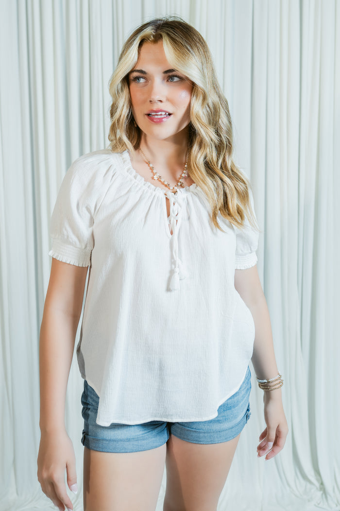 Willowbrook Smocked Cuff Top w/ Neck Tie