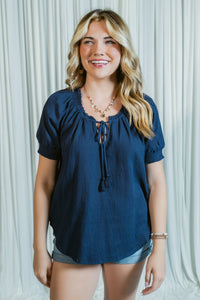 Willowbrook Smocked Cuff Top w/ Neck Tie