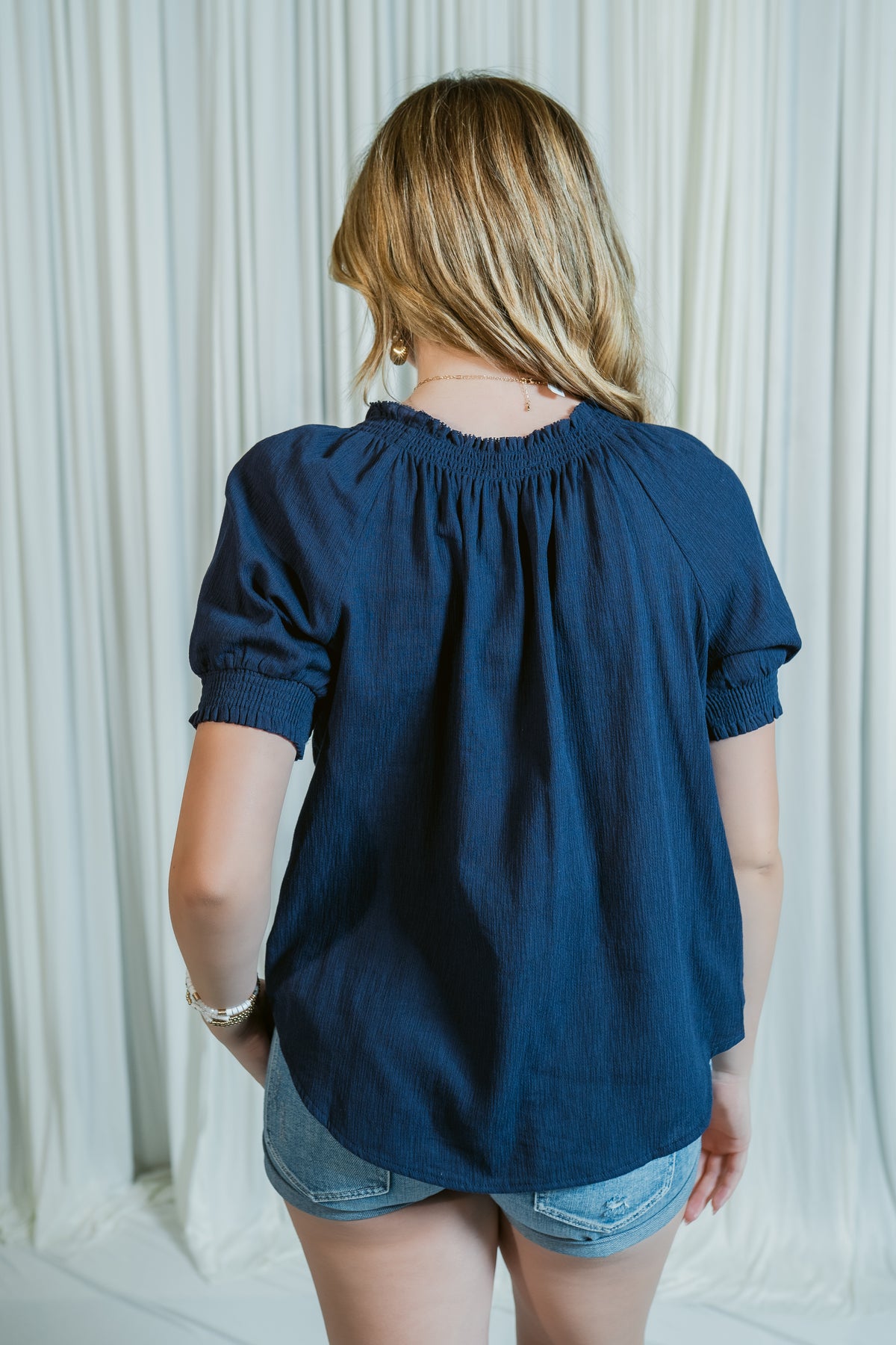 Willowbrook Smocked Cuff Top w/ Neck Tie