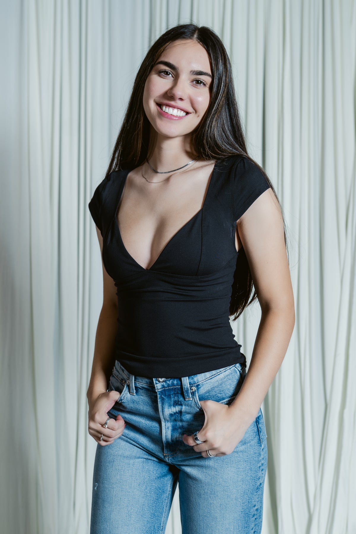 Capped Sleeve Plunge Neckline Top