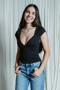 Capped Sleeve Plunge Neckline Top