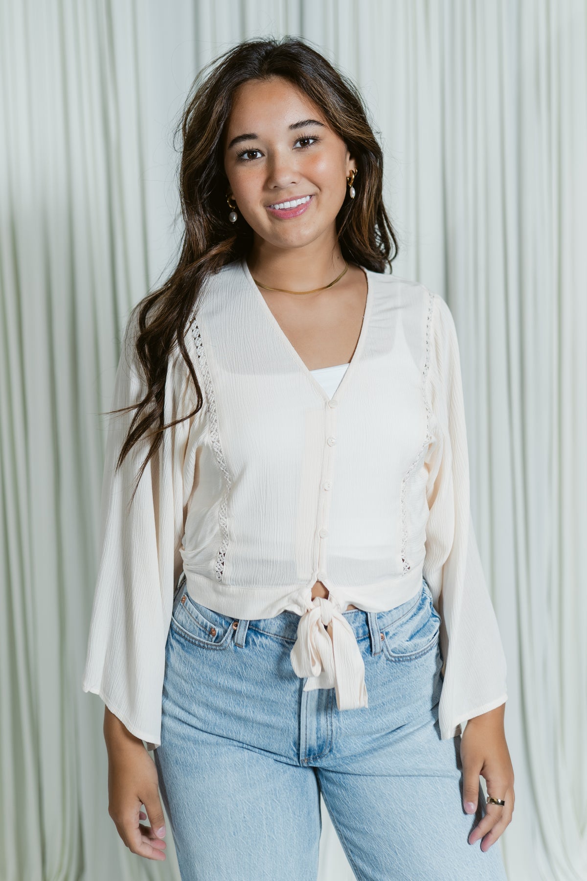 V- Neck Button Down W/ Tie Front & Lace Trim