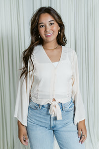 V- Neck Button Down W/ Tie Front & Lace Trim