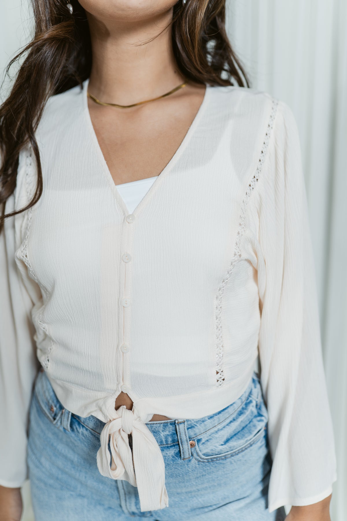 V- Neck Button Down W/ Tie Front & Lace Trim