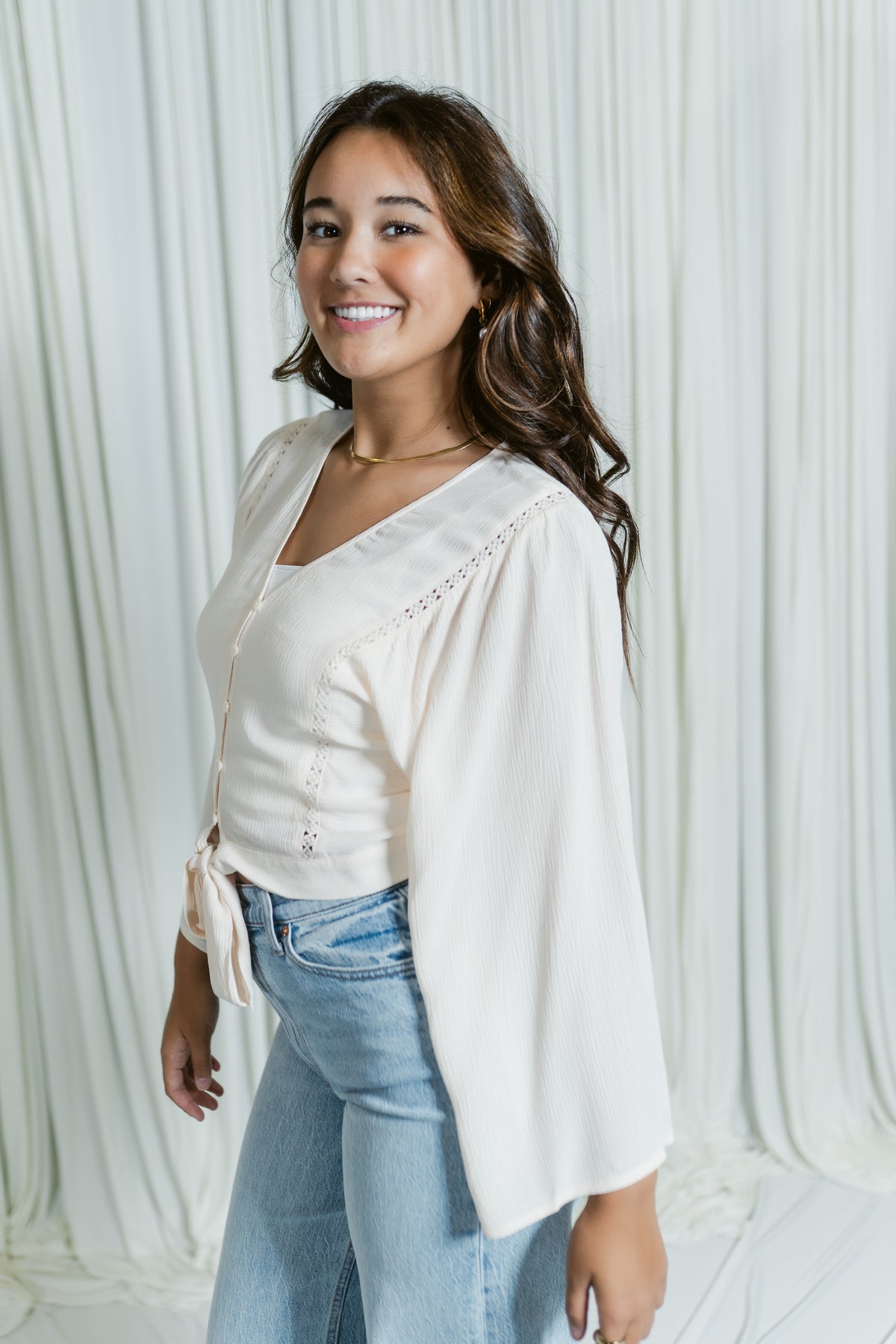 V- Neck Button Down W/ Tie Front & Lace Trim