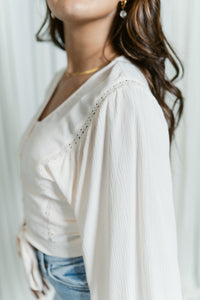 V- Neck Button Down W/ Tie Front & Lace Trim