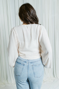 V- Neck Button Down W/ Tie Front & Lace Trim