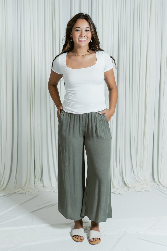 Woven Waist Smocked Wide Leg Pant
