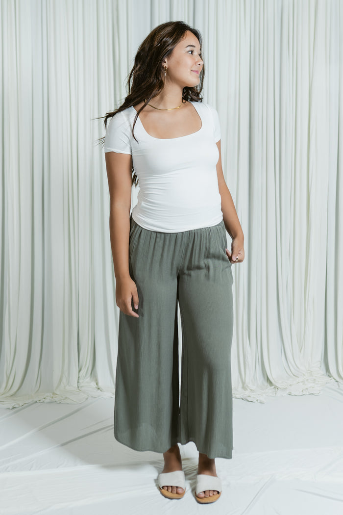 Woven Waist Smocked Wide Leg Pant