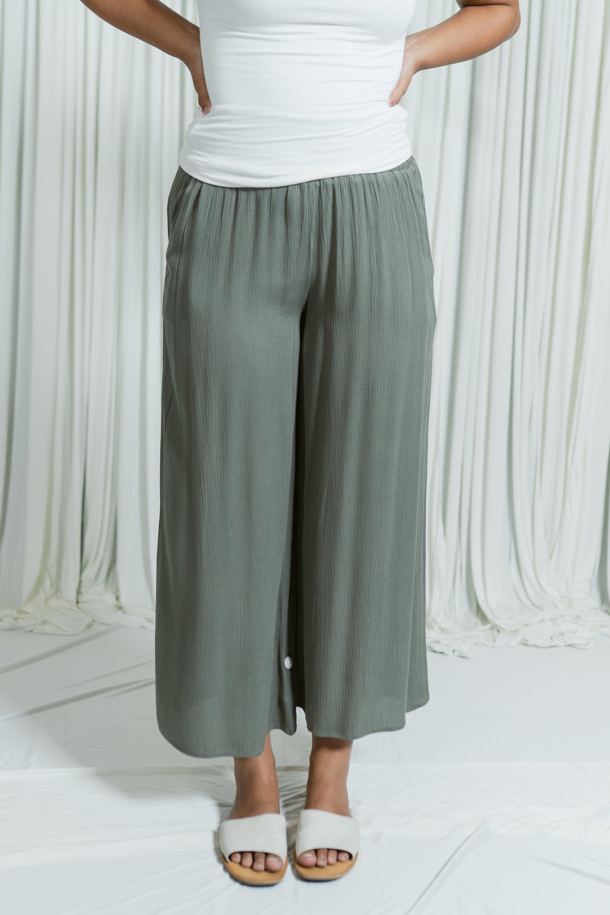 Woven Waist Smocked Wide Leg Pant