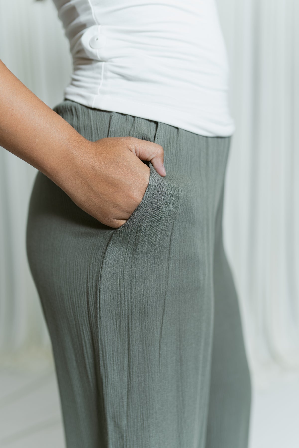 Woven Waist Smocked Wide Leg Pant