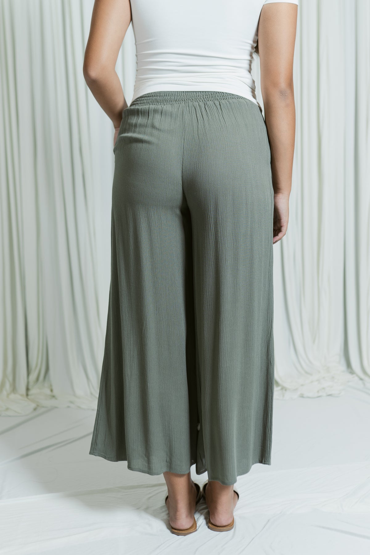Woven Waist Smocked Wide Leg Pant