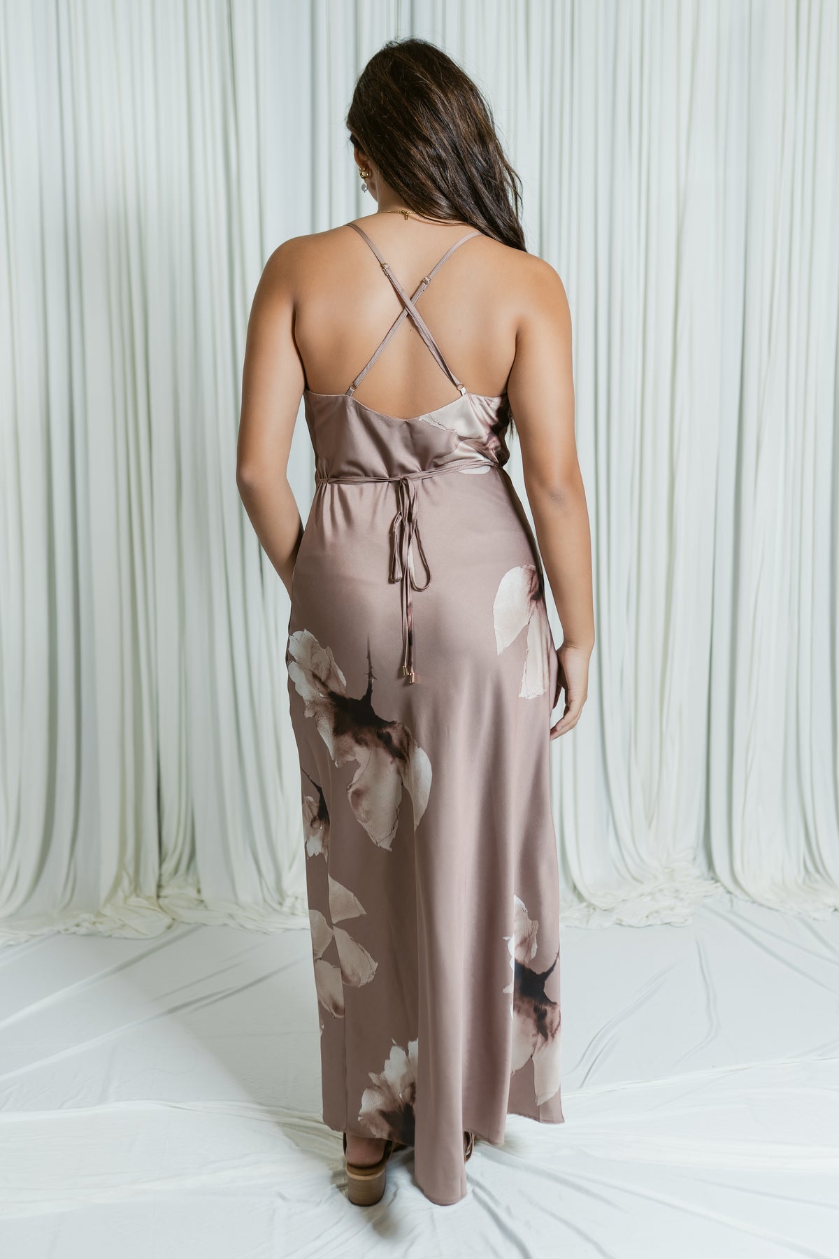 Mocha Magnolia Cowl Neck Open Back Maxi Dress