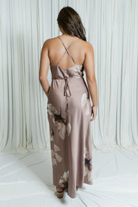 Mocha Magnolia Cowl Neck Open Back Maxi Dress
