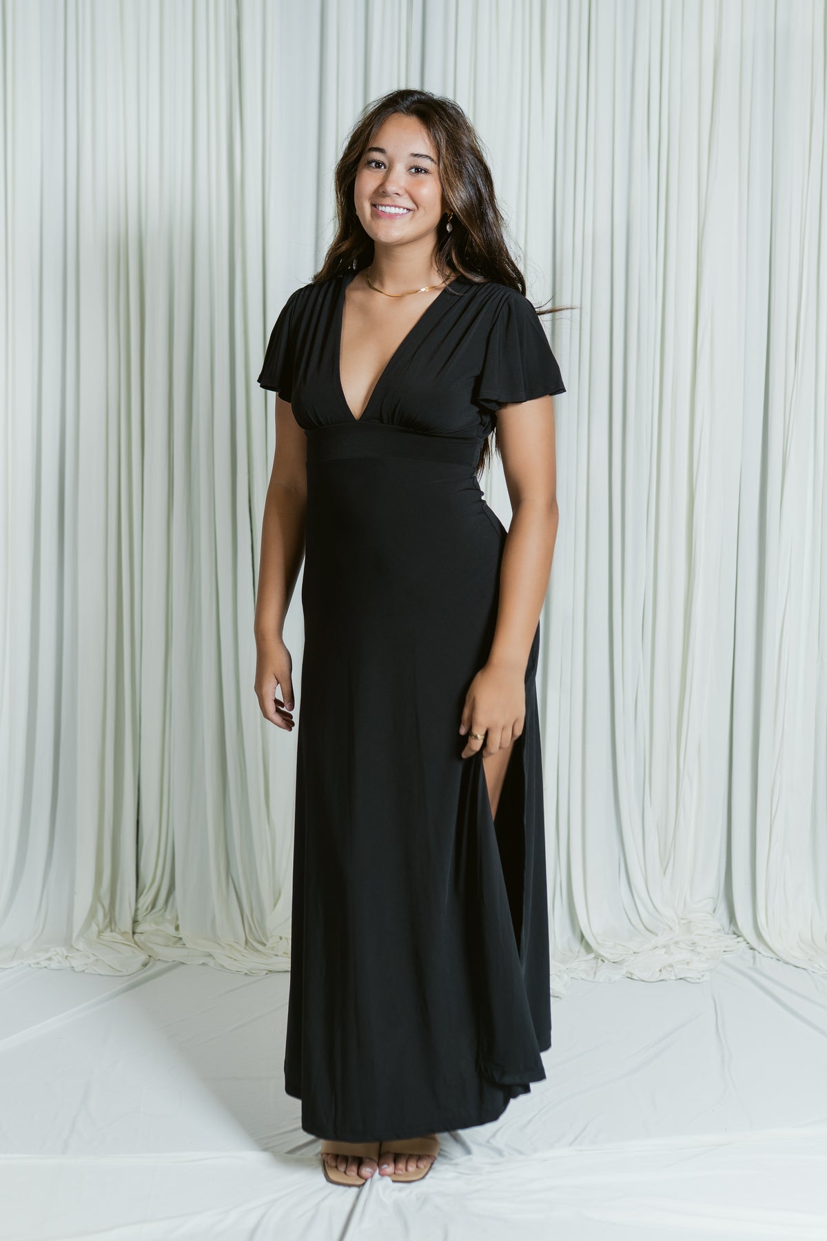Verona Deep V Flutter Sleeve Maxi Dress