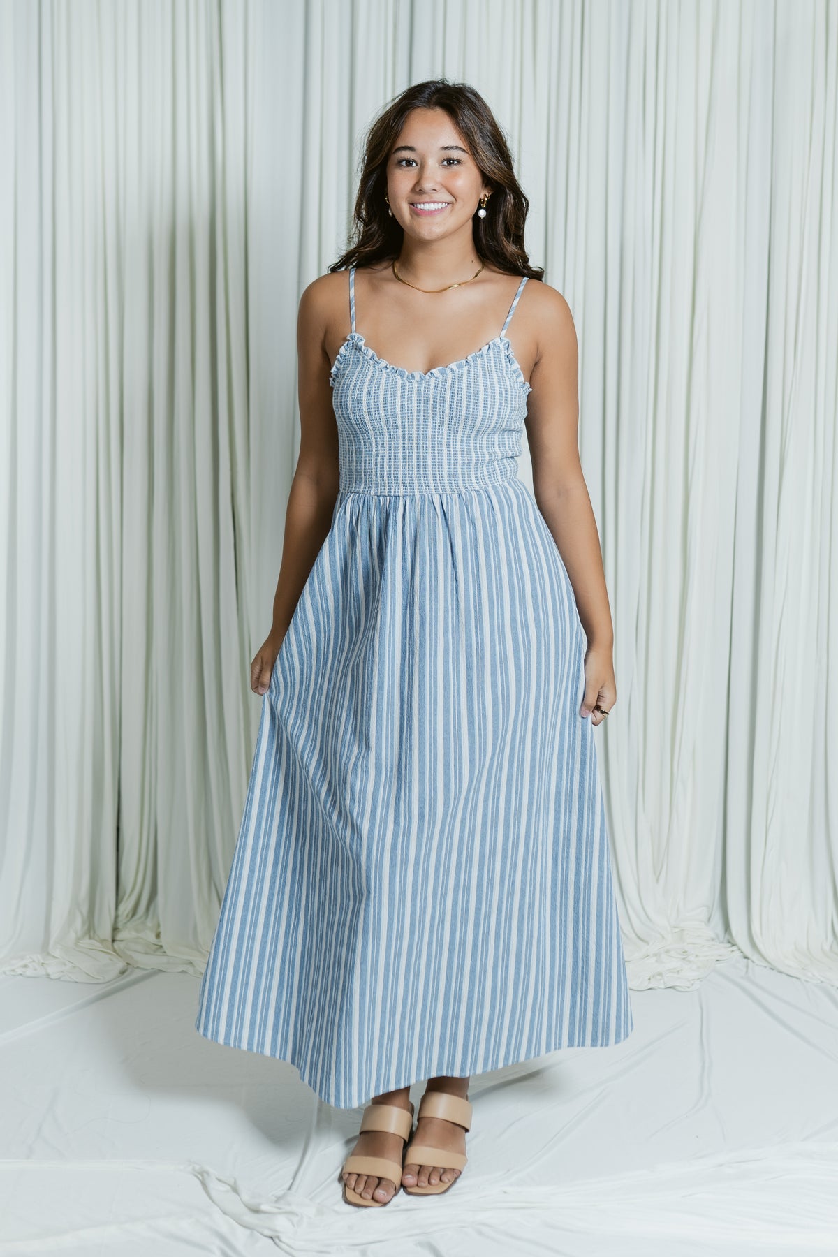 Beck's Boardwalk V-Neck Smocked Bodice Midi Dress