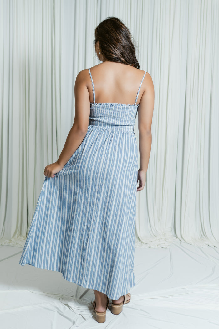 Beck's Boardwalk V-Neck Smocked Bodice Midi Dress