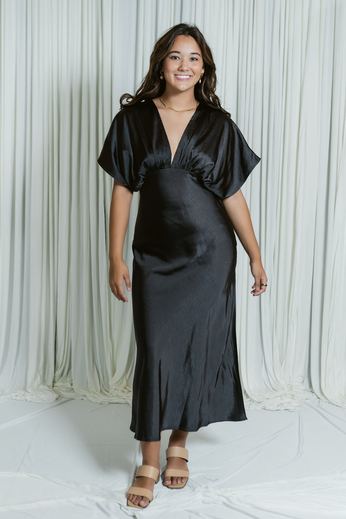 Flouncy Sleeve Maxi Dress W/ Side Slit & Underbust Seam