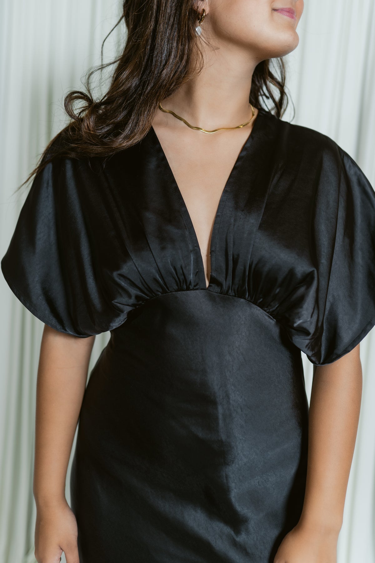 Flouncy Sleeve Maxi Dress W/ Side Slit & Underbust Seam