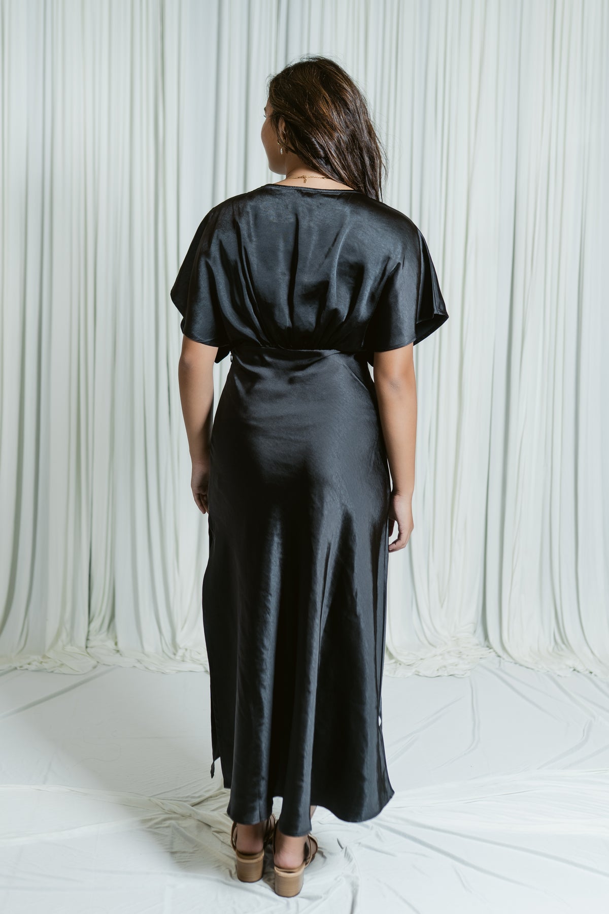 Flouncy Sleeve Maxi Dress W/ Side Slit & Underbust Seam