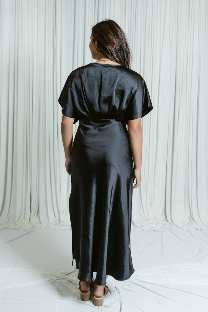 Flouncy Sleeve Maxi Dress W/ Side Slit & Underbust Seam