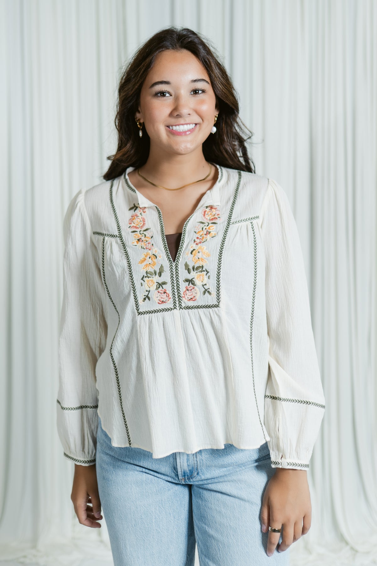 Prarie Bloom Split Neck Embroidered Blouse