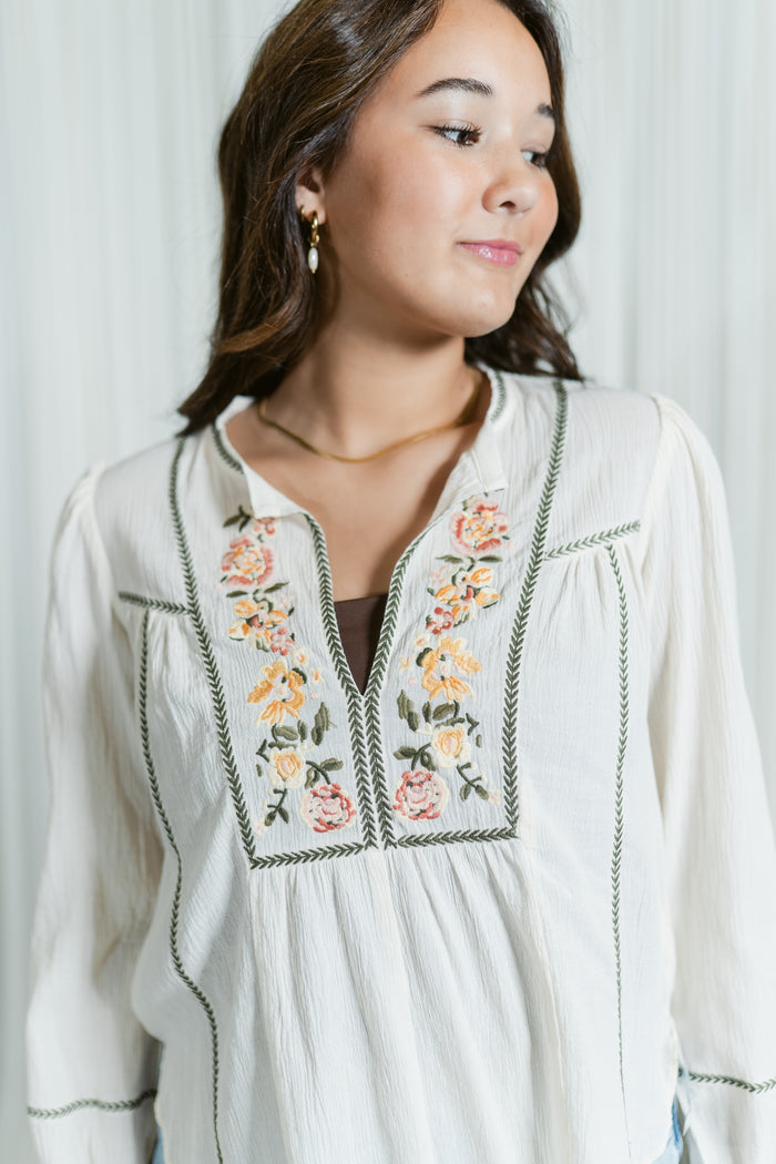 Prarie Bloom Split Neck Embroidered Blouse