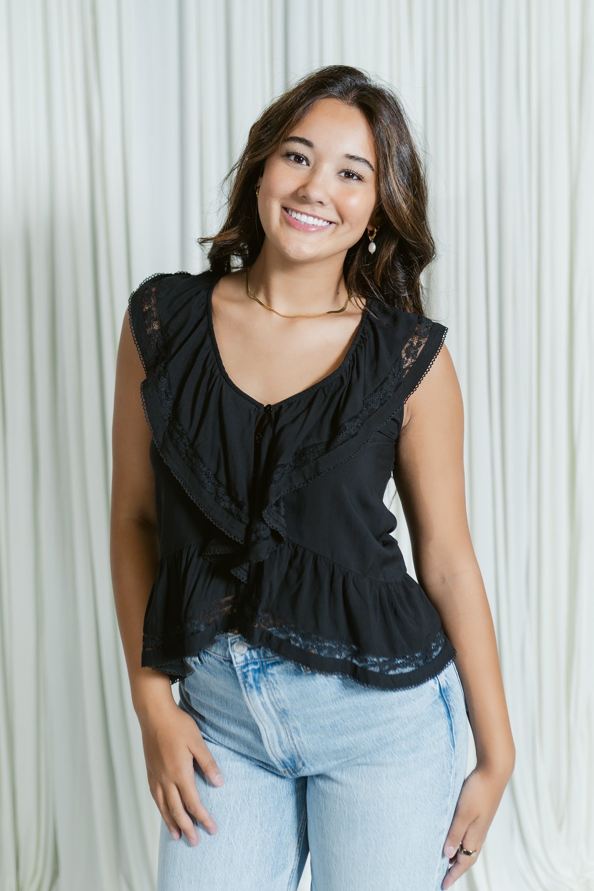 Eleanor V-Neck Button Down Ruffle Top