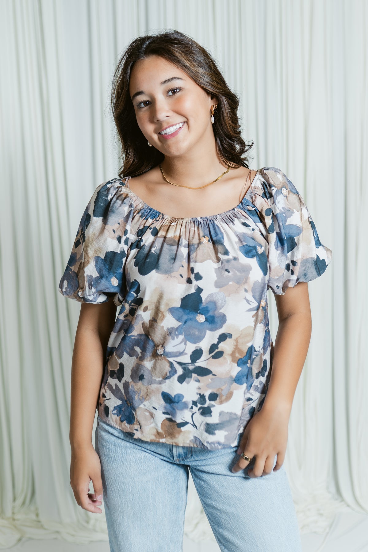 Painted Petals Puff Sleeve Blouse