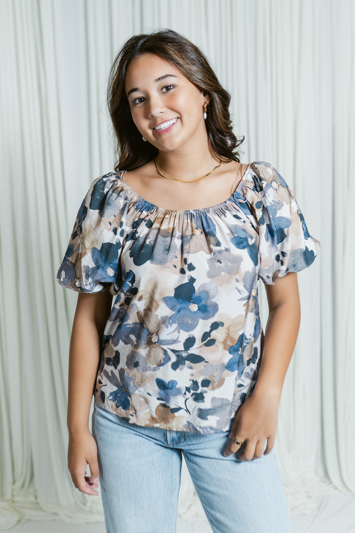 Painted Petals Puff Sleeve Blouse