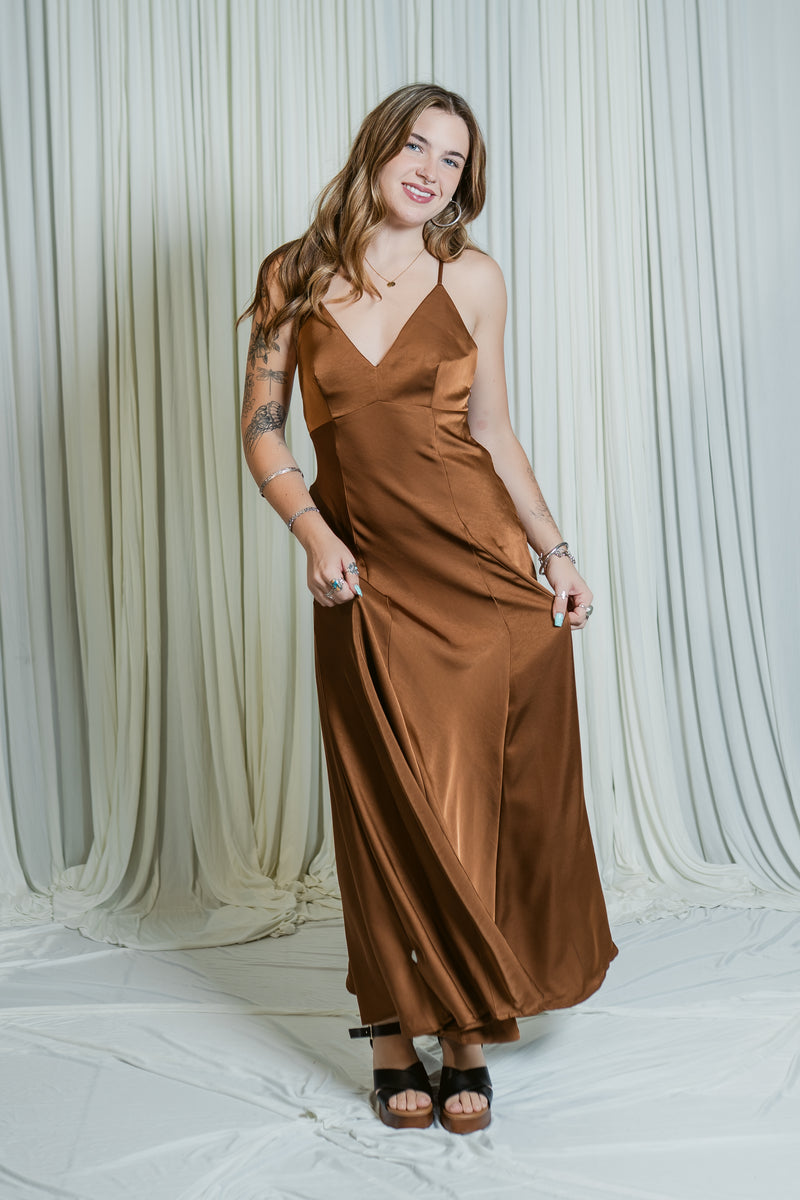 Etta Satin Cross-Back Maxi Dress