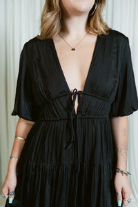 Silky Bubble Sleeve Side Slit Maxi Dress
