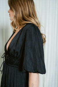 Silky Bubble Sleeve Side Slit Maxi Dress