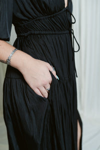 Silky Bubble Sleeve Side Slit Maxi Dress