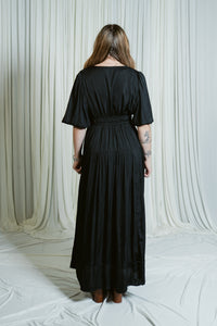 Silky Bubble Sleeve Side Slit Maxi Dress