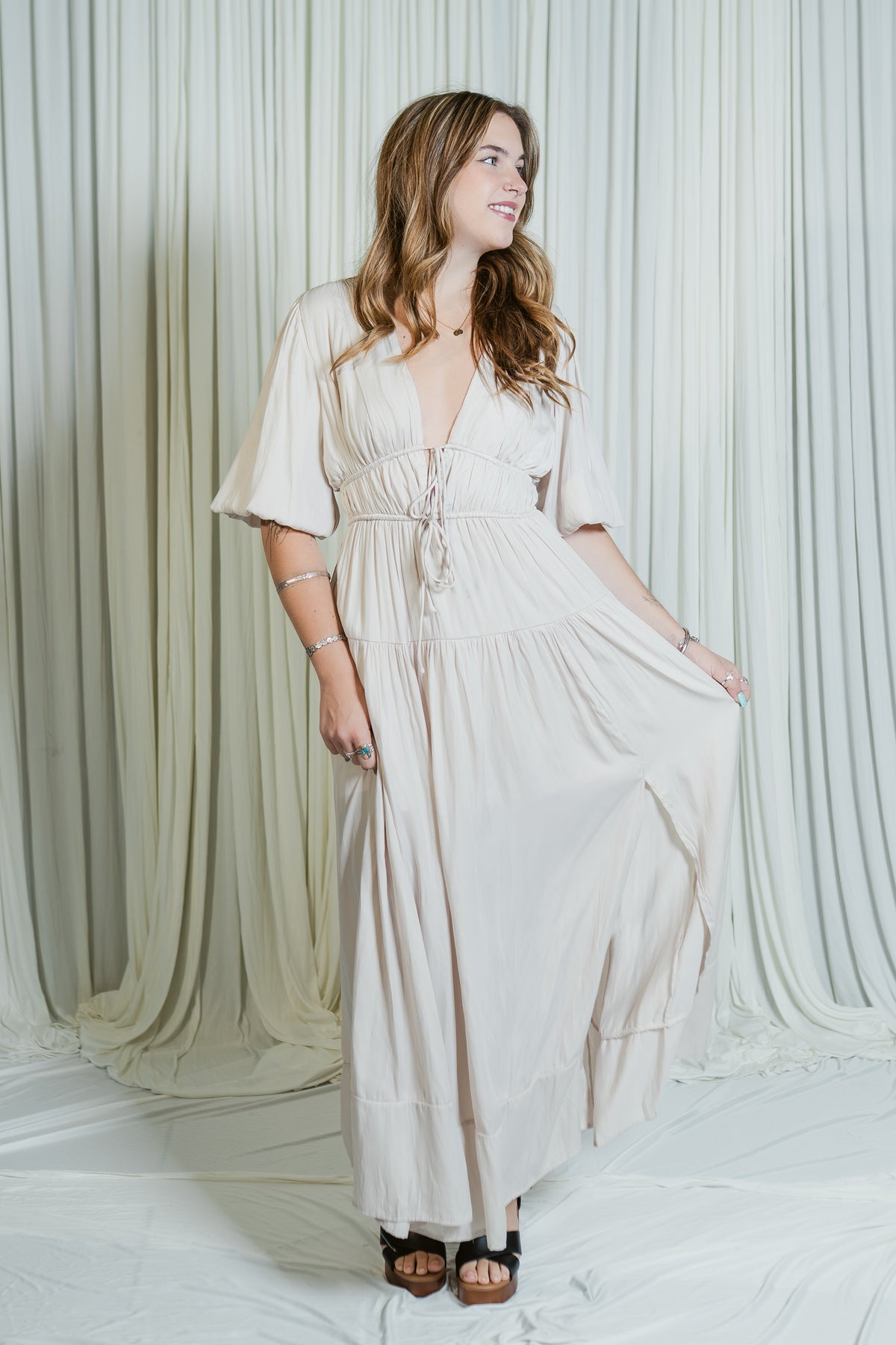 Silky Bubble Sleeve Side Slit Maxi Dress