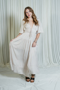 Silky Bubble Sleeve Side Slit Maxi Dress