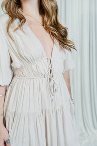 Silky Bubble Sleeve Side Slit Maxi Dress